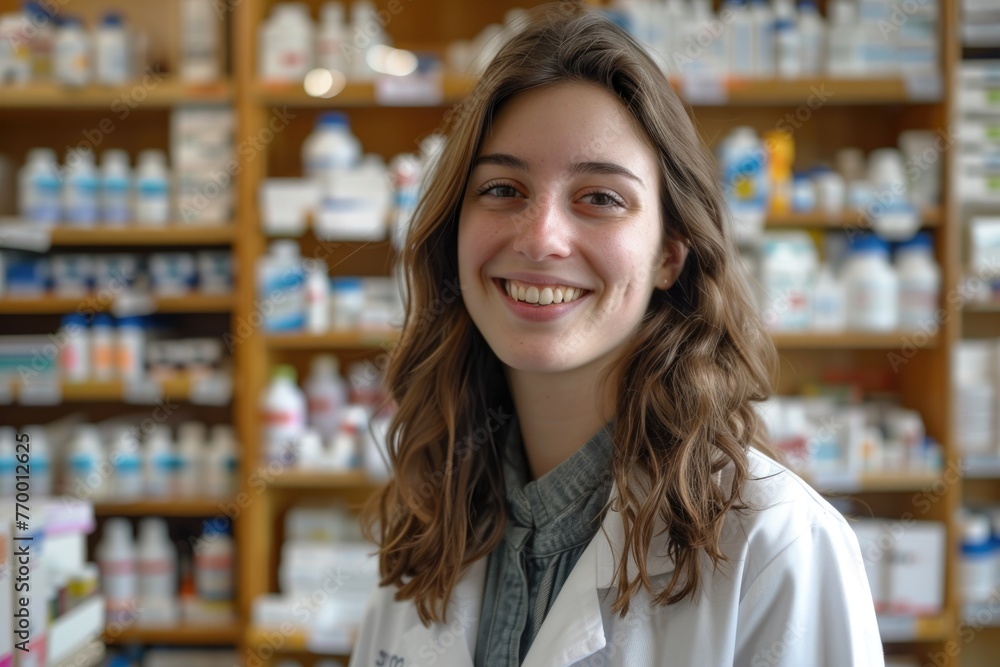 Smiling portrait of a young female pharmacist in pharmacy