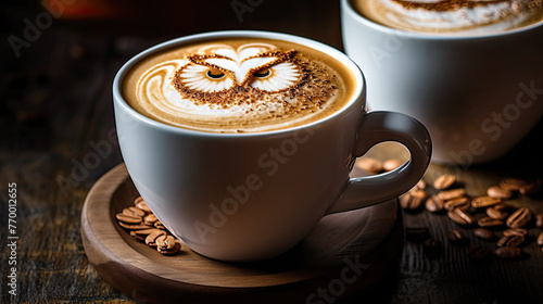 Cup of coffee with latte art, milk foam owl illustration. Cozy atmosphere. Cup of cappuccino on wooden table for coffee lovers.