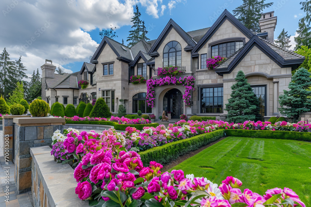 A grand luxury home with seasonal flower arrangements in the front yard, capturing the essence of spring.