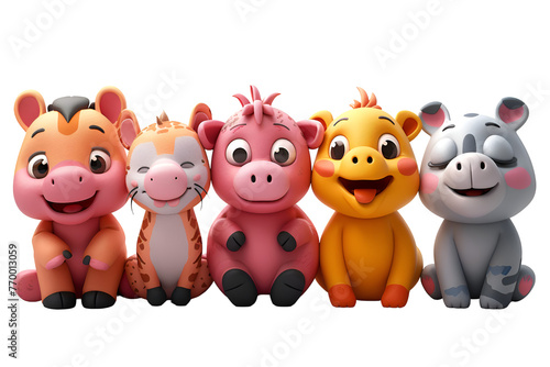 A 3D animated cartoon render of a happy team of animals cheering.