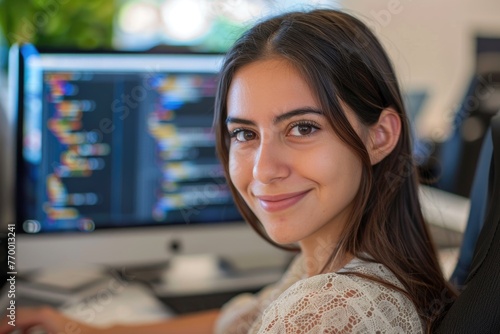 Portrait of a young female IT specialist at her desk in modern office