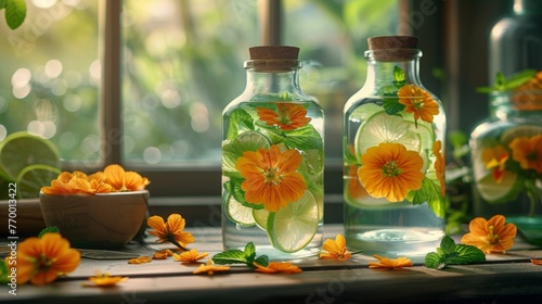 Three Mason Jars With Lemonade and Flowers