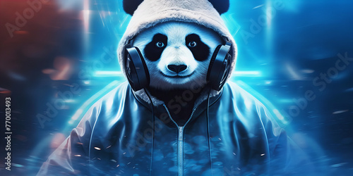 Cool Panda DJ Rocks the Beats in a Neon Blue World Banner photo