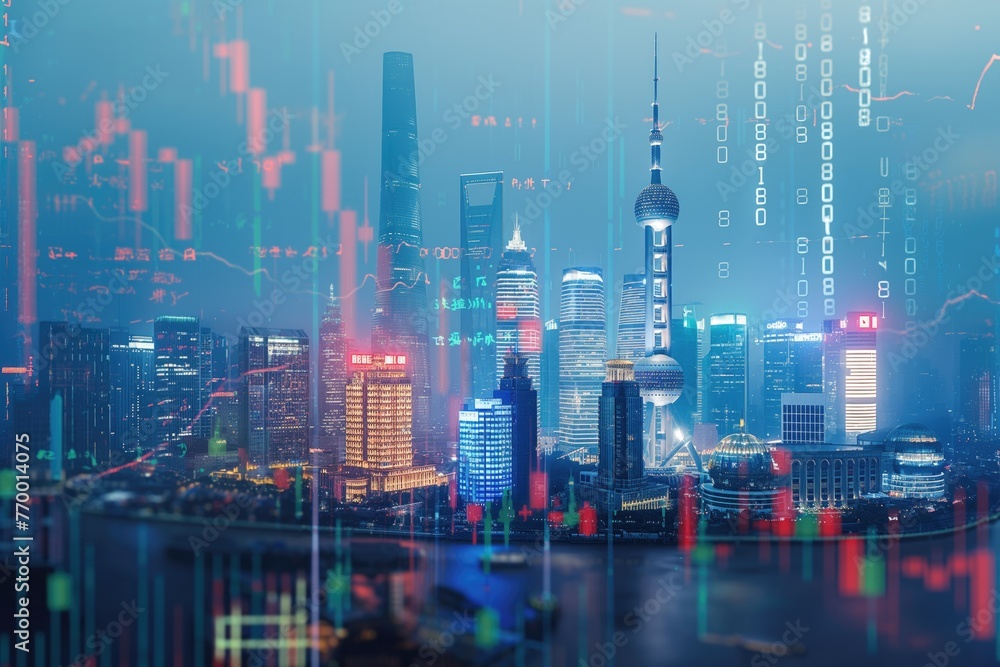 Shanghai China business skyline with stock exchange trading chart double exposure, Asia trading stock market digital concept