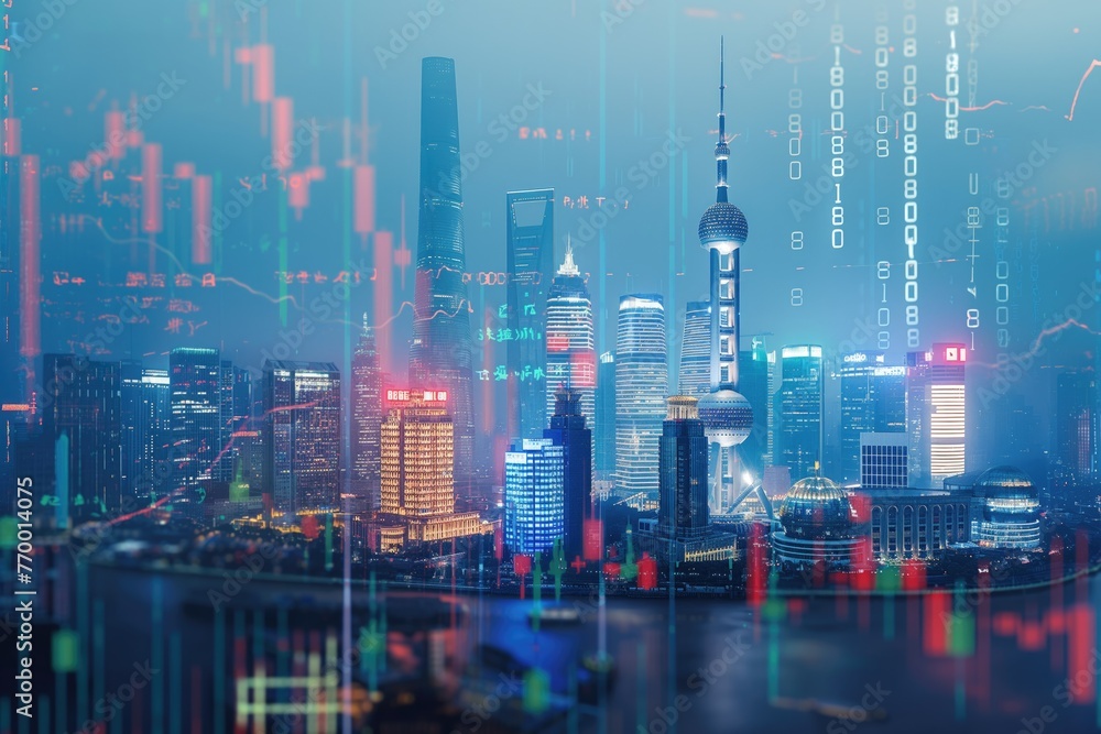 Shanghai China business skyline with stock exchange trading chart double exposure, Asia trading stock market digital concept Shanghai China business skyline with stock exchange trading chart double exposure, Asia trading stock market digital concept