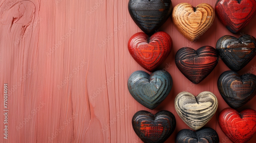 A collection of heart-shaped items resting on a wooden table adjacent to a heart-shaped object positioned on a wooden surface A collection of heart-shaped items resting on a wooden table adjacent to a heart-shaped object positioned on a wooden surface