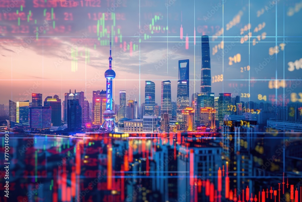 Shanghai China business skyline with stock exchange trading chart double exposure, Asia trading stock market digital concept Shanghai China business skyline with stock exchange trading chart double exposure, Asia trading stock market digital concept