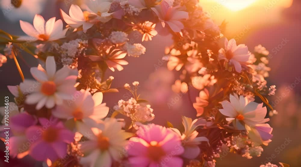 A wreath on the head made of wildflowers shimmers in the rays of the sun A wreath on the head made of wildflowers shimmers in the rays of the sun