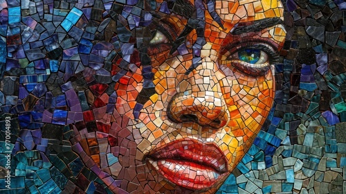 Close-up of a woman's face, lined with multi-colored tiles.