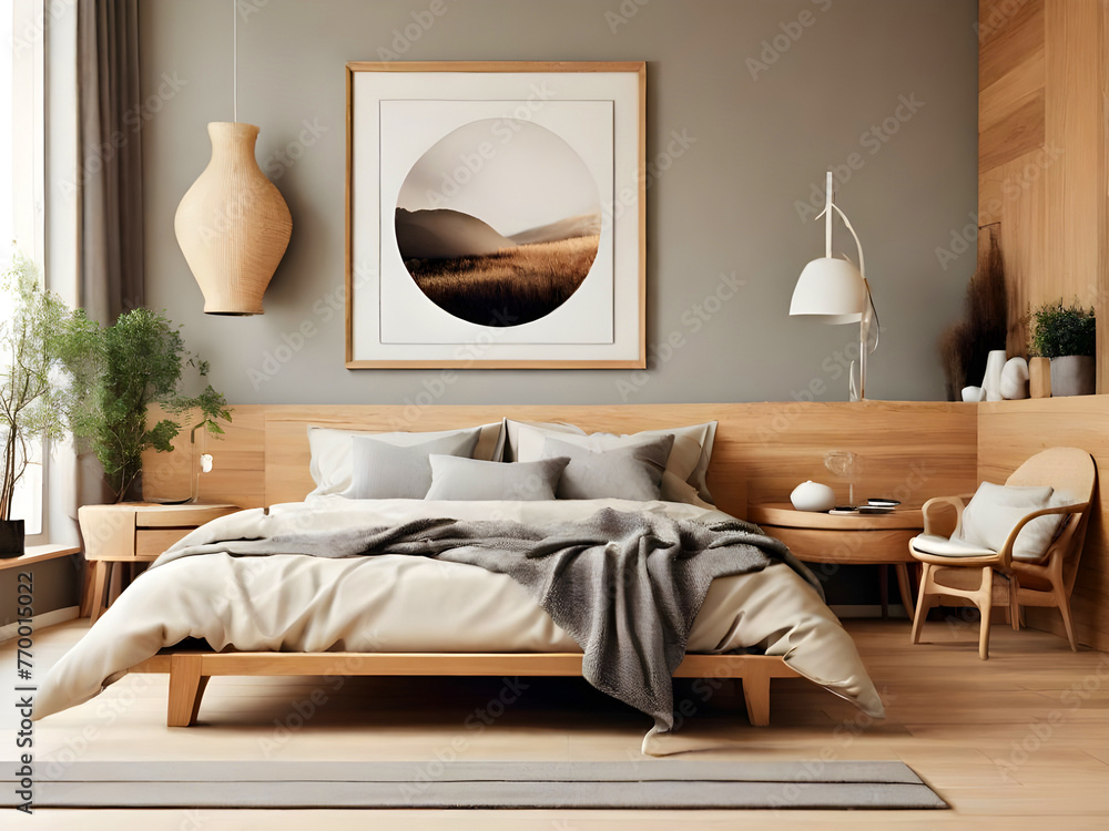 Scandinavian interior design of modern bedroom. Natural wood bed and bedside cabinets against wall with two poster frames. - obrazy, fototapety, plakaty 