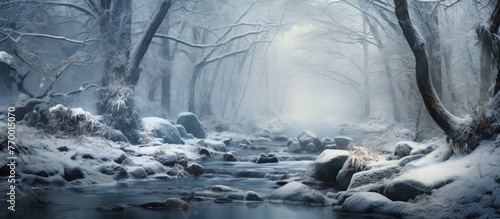 A tranquil atmosphere in a snowy forest with a stream flowing through, trees covered in snow, creating a beautiful natural landscape under the freezing sky © pngking