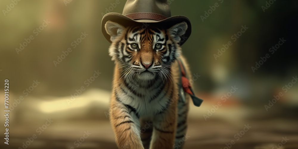 Adventurous Young Tiger Explorer Wearing Hat in Enchanted Forest Banner