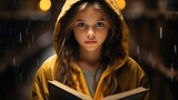 A young girl wearing a yellow hooded jacket is reading a book. She is surrounded by rain and there are lights in the background.