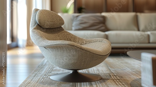 A macro image of a contemporary lounge chair, featuring organic curves, premium fabric upholstery, and a swivel base, inviting relaxation and comfort in a modern home. photo
