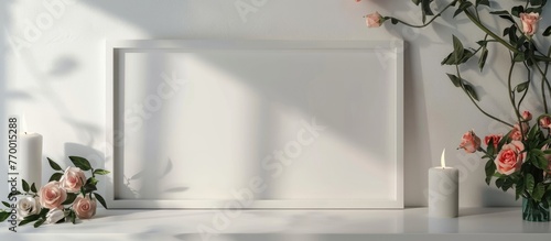 Mockup frame with flowers and candle on white background and table for a romantic minimalist design.
