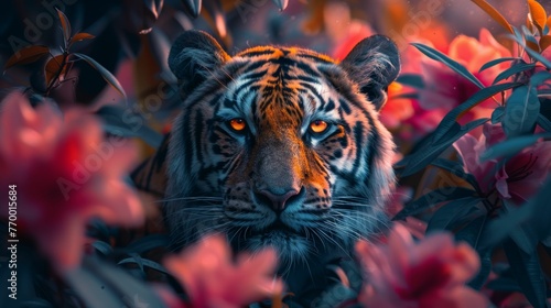 A tiger is in a forest with pink flowers