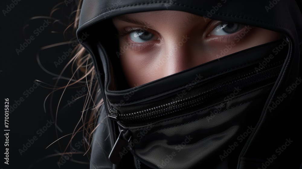 A close-up a face woman in zip-up clothing, eyes boldly staring. black backdrop. Girl in balaclava. Clothes advertising A close-up a face woman in zip-up clothing, eyes boldly staring. black backdrop. Girl in balaclava. Clothes advertising