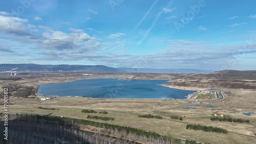 Lake Most lignite coal brown anthropogenic pond water created result reclamation former territory drone aerial Stary Most district city Ustecky Region, mine recreational tourist travel Europe
