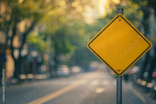 A yellow blank road sign on blurred background, closeup shot with copy space concept Generative AI