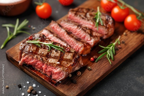 Sliced grilled meat steak, steak on a wooden table, steak closeup, steak cooked in a medium heat, sliced meat steak, meat steak closeup