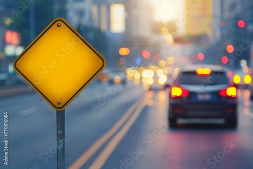 Yellow blank road sign on blurred background of car driving in traffic Generative AI