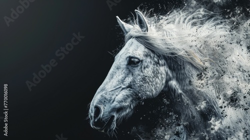 A horse with a white mane and a black background © Classy designs
