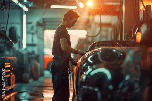 Man Standing Next to Car in Garage © Rene Grycner