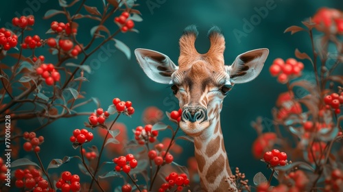 A giraffe is standing in a field of red berries © Classy designs