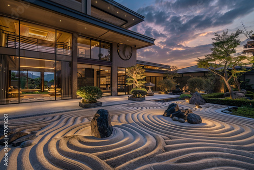 A luxurious mansion features a Japanese Zen garden with sand patterns and stone arrangements at dawn.