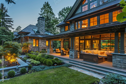 Wallpaper Mural A luxurious home exterior captured in the soft evening light, featuring glowing windows, an inviting covered porch with plush patio seating, and a garden that's a paradigm of landscape precision. Torontodigital.ca