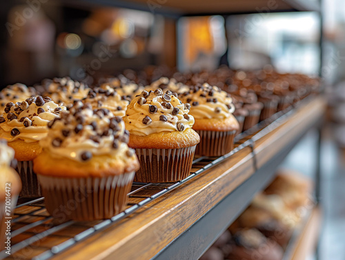 Muffin cakes with vanilla and chocolate toppings arranged on a shelf in a bakery.