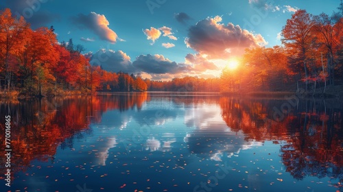 A beautiful lake with a bright orange sun reflecting on the water