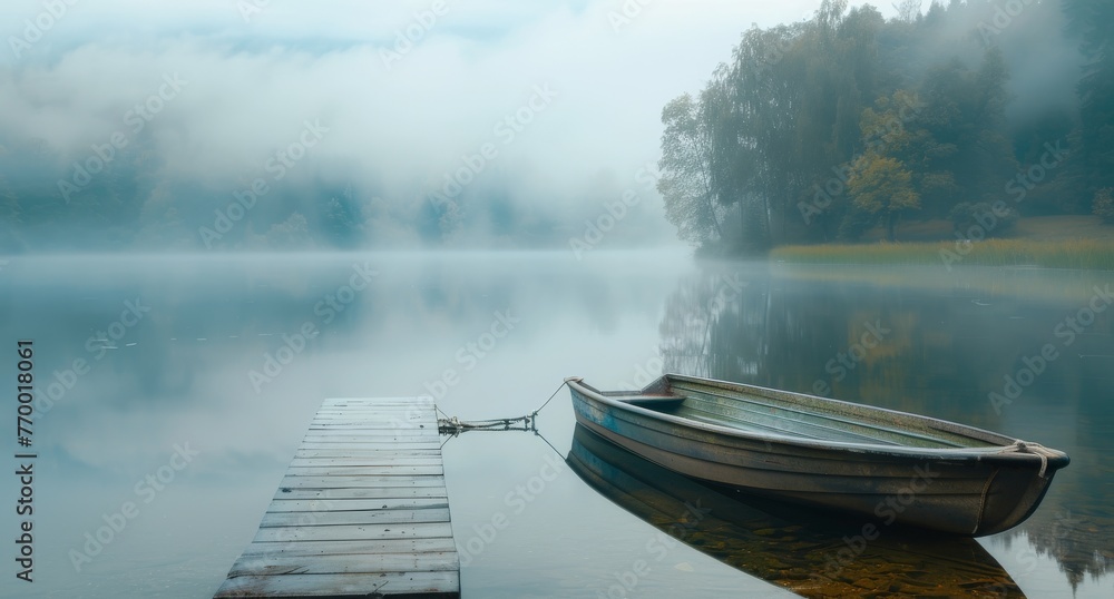 Foggy rural morning by a lake, with a solitary boat tied to a dock, the still waters mirroring the shrouded landscape. - obrazy, fototapety, plakaty 