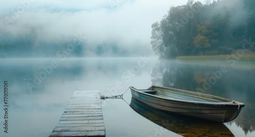 Foggy rural morning by a lake, with a solitary boat tied to a dock, the still waters mirroring the shrouded landscape.