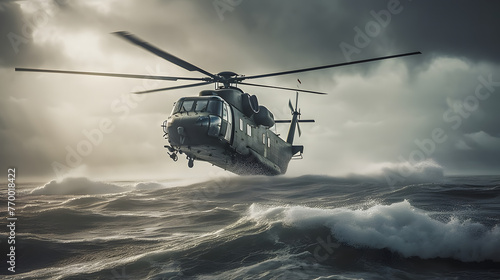 air force helicopter flying over a ship in the ocean
