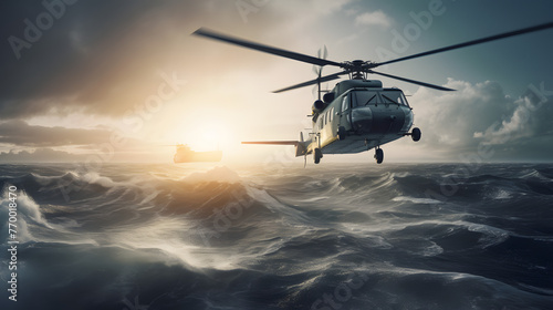 air force helicopter flying over a ship in the ocean photo
