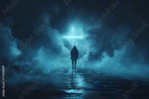 Man on mysterious street walking to cross in night