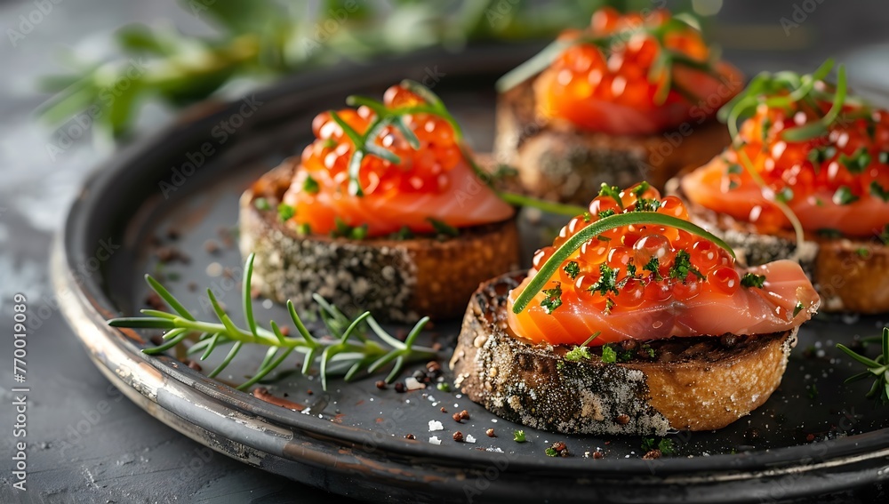 Closeup of Bruschetta sandwiches with Red Caviar on a plate. Bright colourful iconic capture of Bruschetta with Red Caviar appetizers toast on the plate. Generative AI Closeup of Bruschetta sandwiches with Red Caviar on a plate. Bright colourful iconic capture of Bruschetta with Red Caviar appetizers toast on the plate. Generative AI
