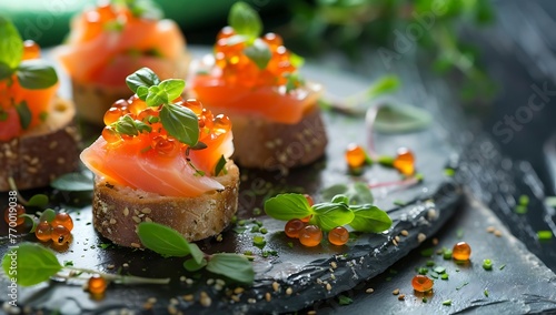 Closeup of Bruschetta sandwiches with Red Caviar on a plate. Bright colorful iconic capture of Bruschetta with Red Caviar appetizers toast on the plate. Generative AI