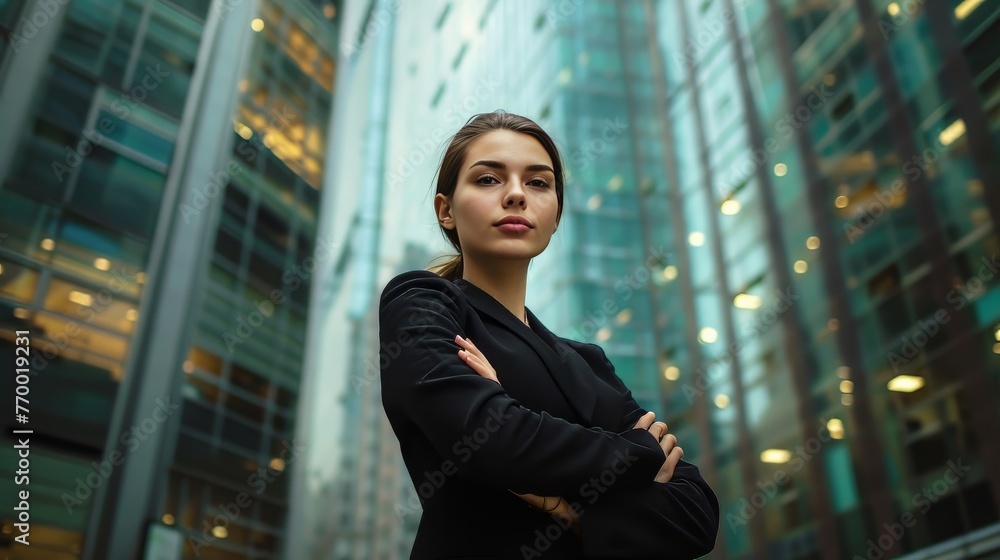 Woman standing in front of tall building Woman standing in front of tall building