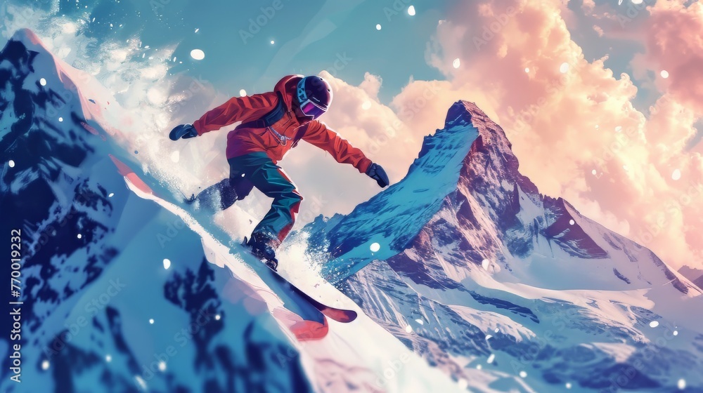 Man snowboarding down snow-covered mountain