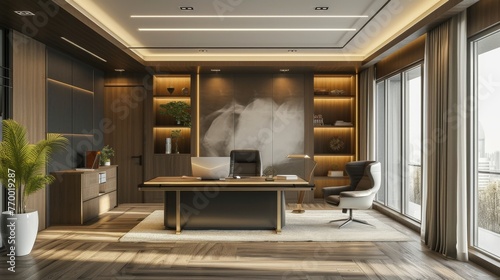 Spacious office with large desk and window © nazariykarkhut