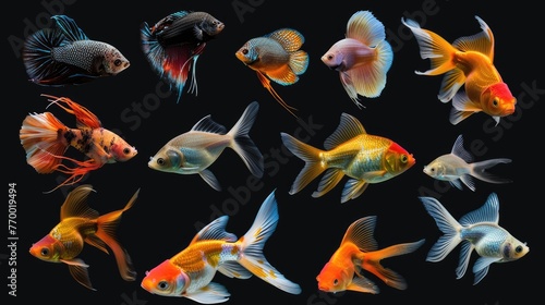 Different beautiful fishs set collection. Isolated on black background . Generative AI © Dvid