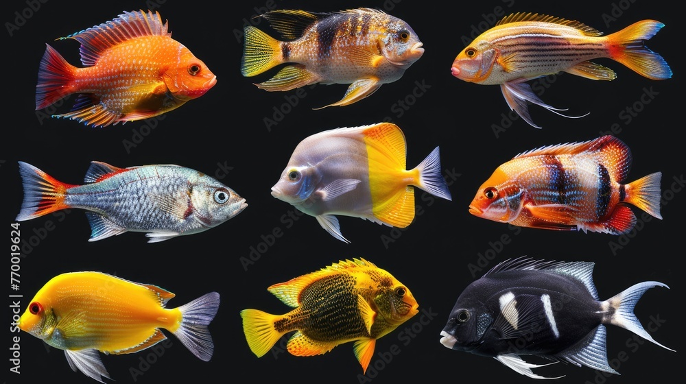 Fototapeta premium Different beautiful fishs set collection. Isolated on black background . Generative AI