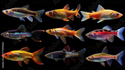 Different beautiful fishs set collection. Isolated on black background . Generative AI