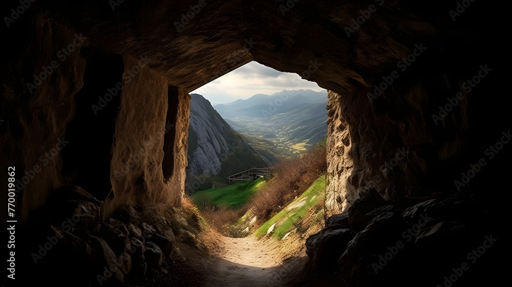 an underground tunnel which leads to the mountains - obrazy, fototapety, plakaty 