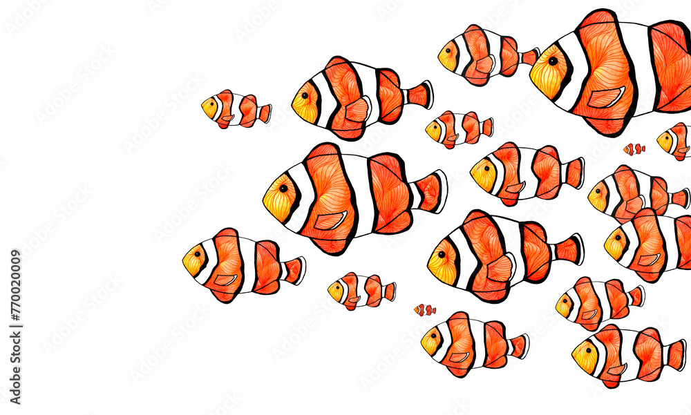 Siluetas de pez payaso en el mar. Banco de peces pintados en acuarela. Fondo blanco. Estilo japonés, ornamental.
Siluetas de pez payaso en el mar. Banco de peces pintados en acuarela. Fondo blanco. Estilo japonés, ornamental.