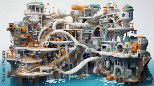 A whimsical illustration of an island with multiple buildings and structures made from different materials like wood, stone or metal. The scene includes floating clouds and waterfalls, creating a drea photo