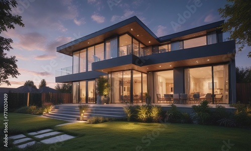 Exterior of modern luxury house with garden and beautiful sky