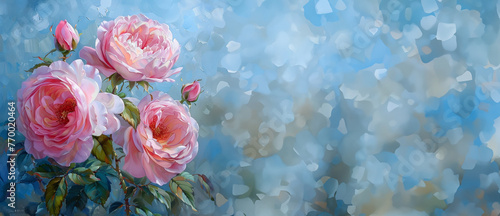 Pastel pink and blue background with flowers, Background for design, banner, web banner